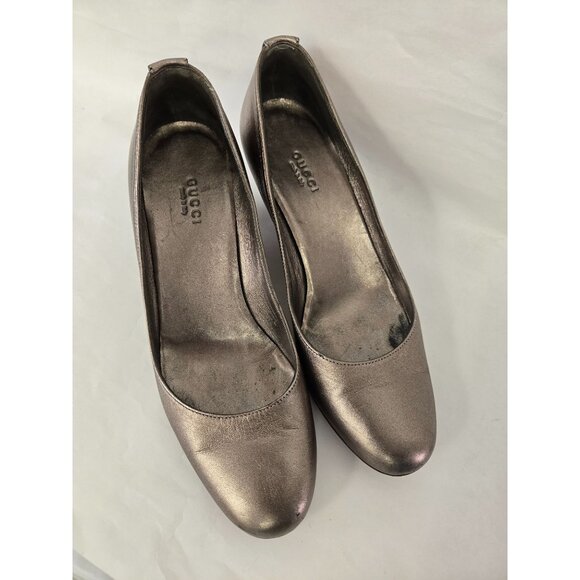 Gucci Wedges Gold Metallic Leather Logo GG Size 6 Classic Ladies Workwear Fancy - Picture 1 of 11